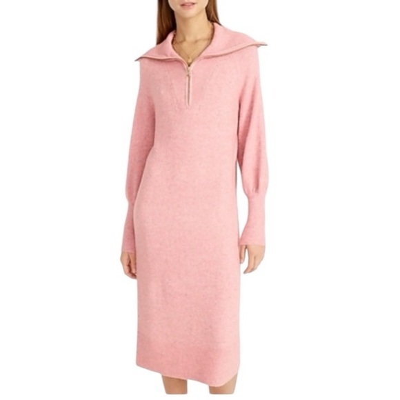 J CREW Pink Half Zip Midi Sweater Dress Super Soft Wool Alpaca Yarn Size Medium - Picture 2 of 12